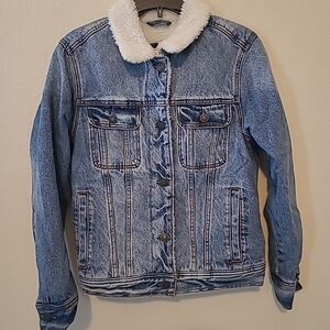 Abercrombie & Fitch Blue Denim Jacket with White Sherpa Collar
